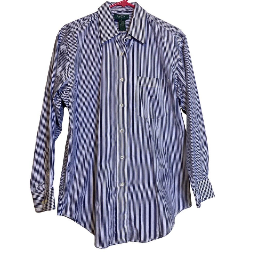Lauren Ralph Lauren Womens Blue White Striped Button Down Shirt LRL Logo Size 8